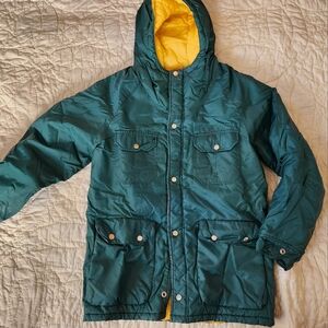 Kids Teal Hooded Puffer Coat with Yellow Lining